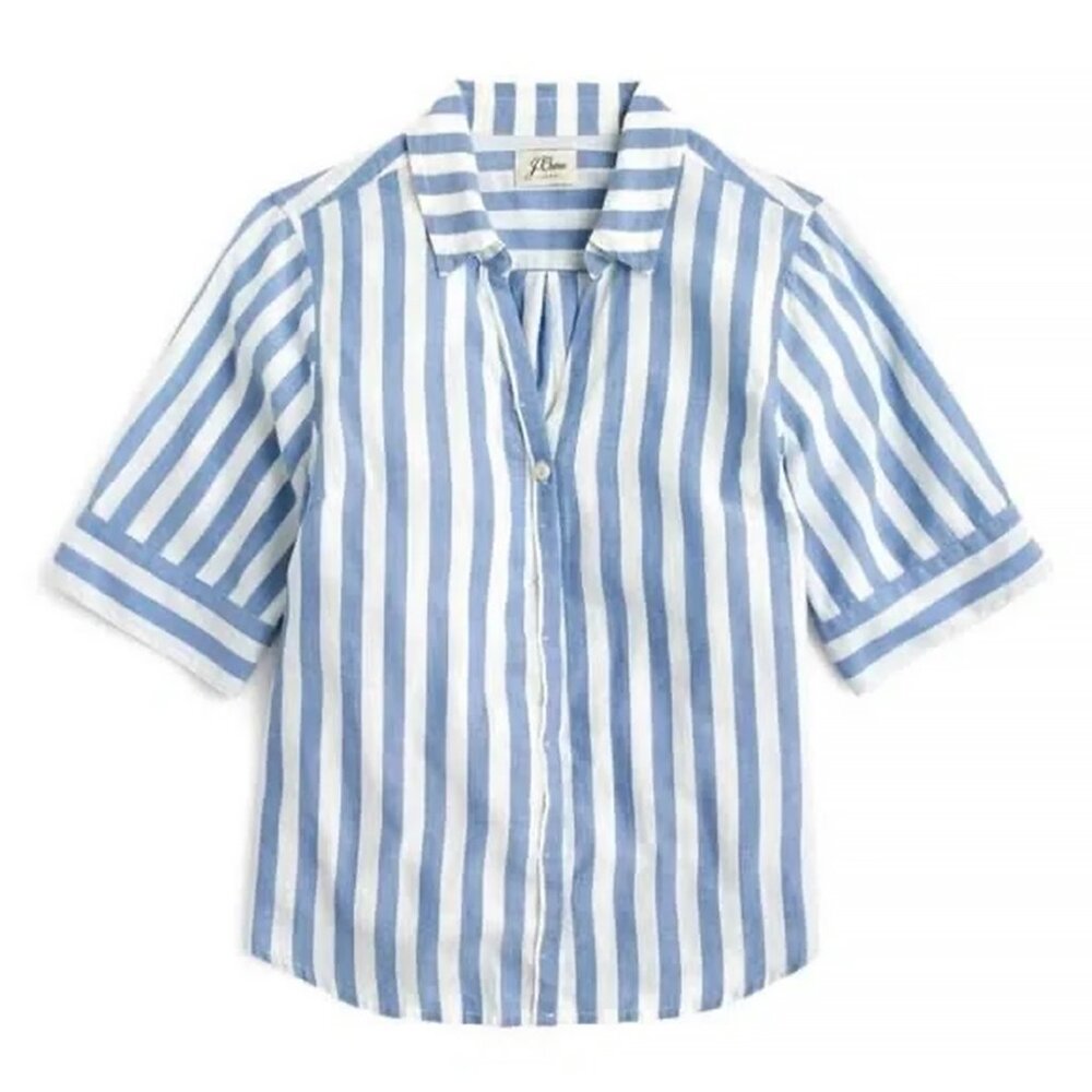 J. Crew Short-Sleeve Button-up Shirt in Wide Blue Stripe, size M